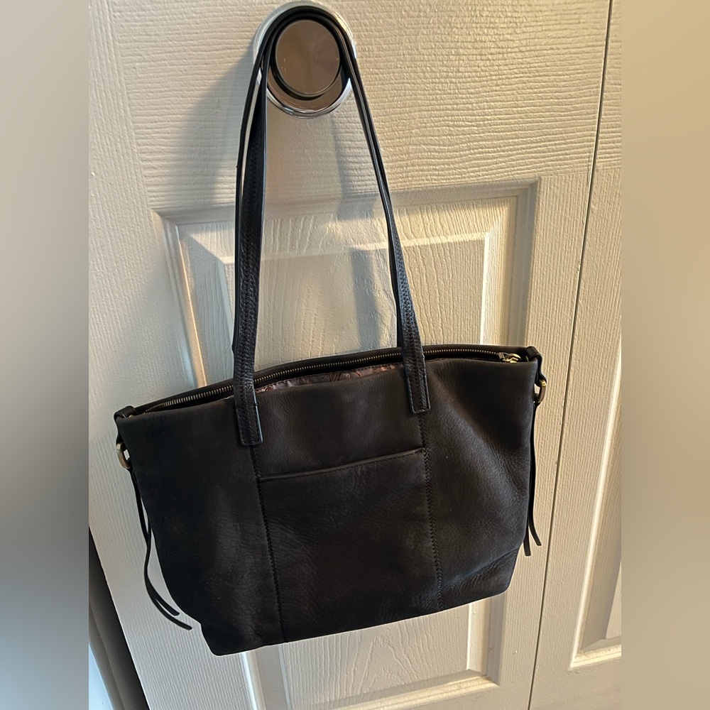 HOBO medium handbag, black suede, blue floral interior